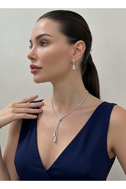 Valmont Accessories Silver Necklace and Earring Set with Dangle Zircon Stones...
