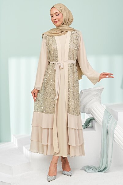 İmajButik Set Abaya dublu cu fustă bej stratificată