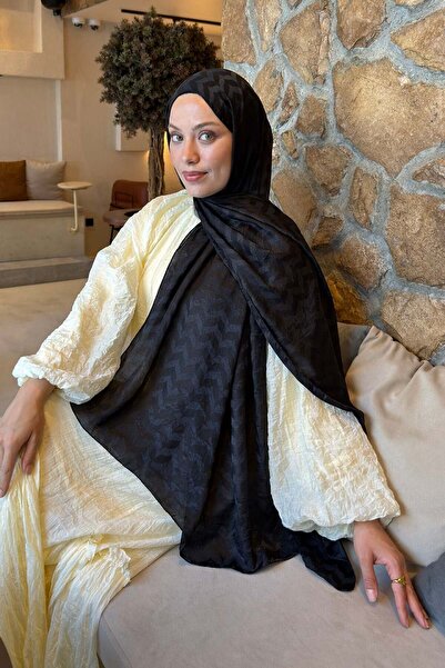 lamelif شال أيروبين فلوش جاكار بنمط متعرج باللون الأسود