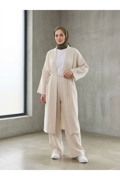 Generic Brand Long Cardigan Trouser Suit-Stone