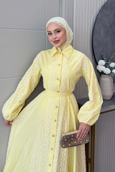 Şule Giyim Romantic Lace Detailed Dress Yellow