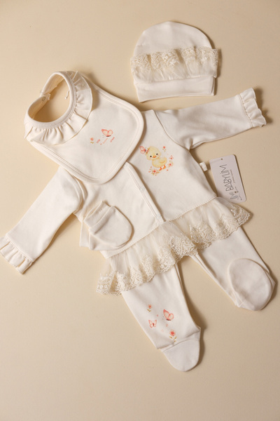 BABYLİM Little Duck Printed Lace Baby Girl Hospital Discharge Set - 100% Cotton