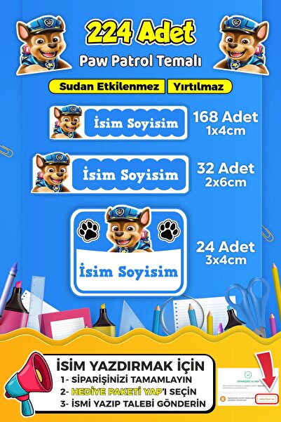 SB store Okul Kreş Kişiye Özel isim Etiket Seti Paw Patrol Temalı - Model 739