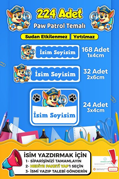 SB store Okul Kreş Kişiye Özel isim Etiket Seti Paw Patrol Temalı - Model 734
