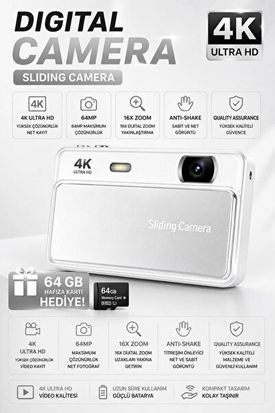 WUNİT 4K UHD 64 MP Siliding Dijital Kamera 16X ZOOM Flas 64 GB SD Kart Kızakl...