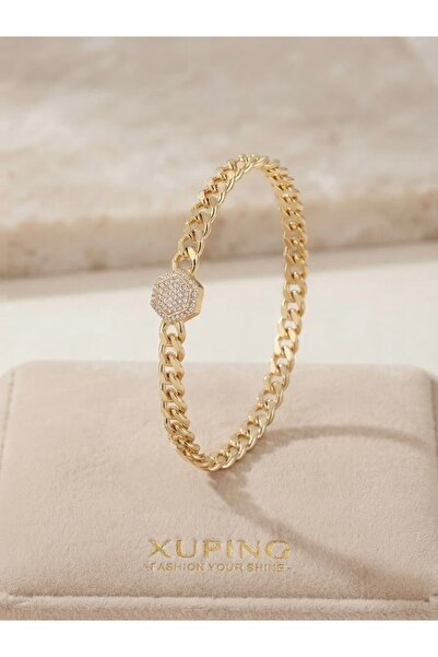 XUPING JEWELRY Xuping Altın Kaplama Hexagon Zirkon Taş Detaylı Gurmet Zincir ...