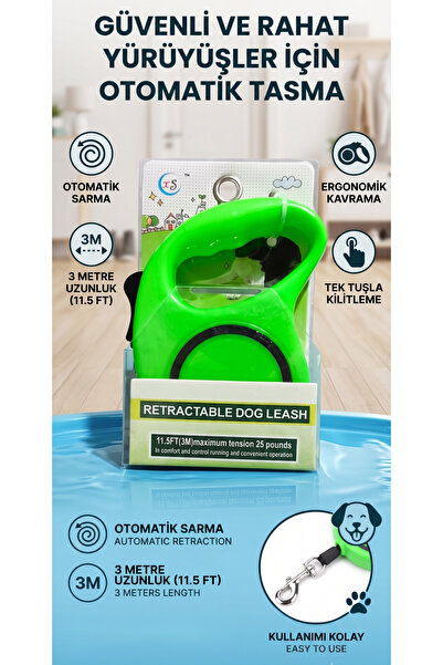ÇıraPet Automatic 3-Meter Retractable Cat and Dog Collar with Reel - Green Co...