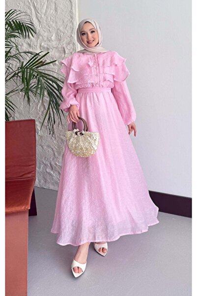 Rimel Moda Melan Fırfırlı Elbise Pembe