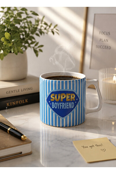 Eylül Design Super Boyfriend Blue Mug Cup Gift for Spouse and Lover Luxury Mu...