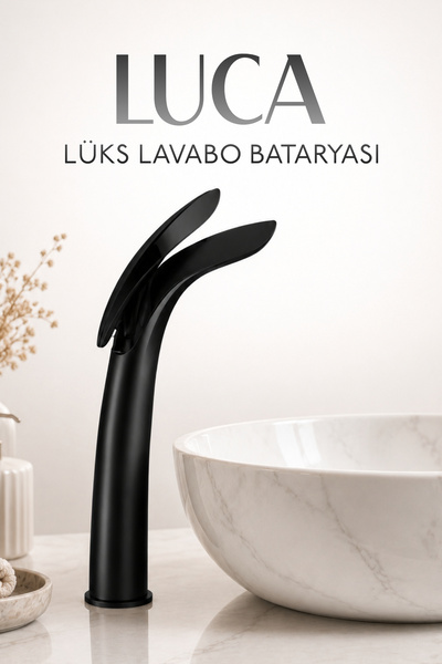 Badem10 Dellora LUCA Mat Siyah Uzun Lavabo Bataryası Lüks Kaliteli Banyo Lava...