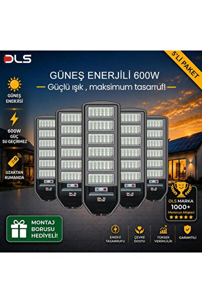 DLS 5'li Paket 600W Güneş Enerjili Solar Sokak Lambası Hareket Sensörlü LED B...