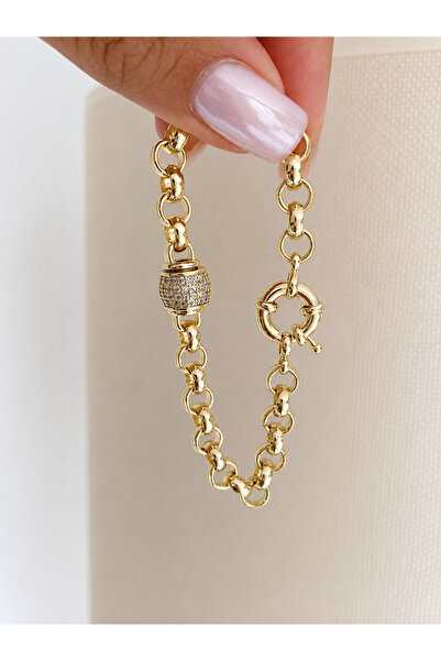 Bade Jewelry FD 14K Gold Gemici Klipsli Top Zirkon Kararmaz Çelik Şık Bilekli...