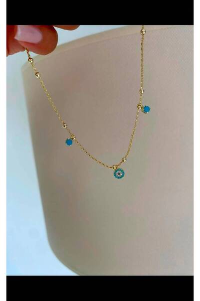Bade Jewelry FD 14K Gold Nazar Boncuğu ve Mavi Pastel Taş Detaylı Kararmaz Çe...