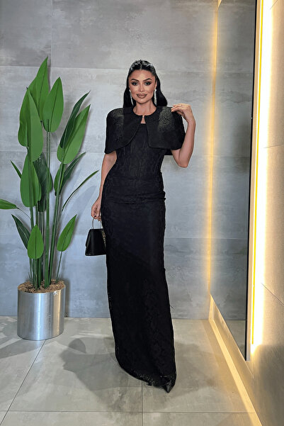 giyimmasalı Lace Fabric Strapless Jacket Detailed Evening Dress - Black