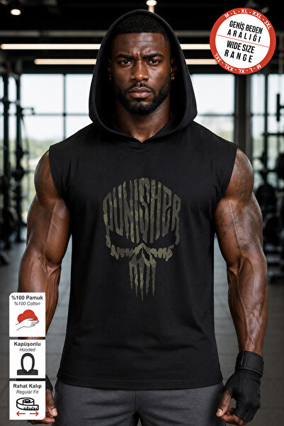 BESSA Black Punisher Camouflage Printed Standard Fit Hooded Sports Athlete Co...