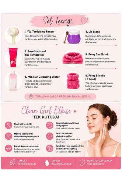 MAISON GLOWEN Clean Girl Cilt Bakım Seti 6 Parça | Yüz Temizleme Fırçası, Micellar Su, Yüz Temizleyici, Lip Mask, Saç Bandı ve Bileklik Seti +SÜPRİZ HEDİYELİ