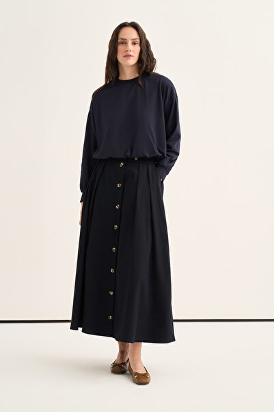 EBU Prive Women's Gabardine Buttoned Pleated Skirt Navy Blue