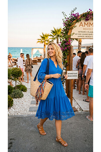 bohostyle.ro Royal Blue Plus Size Viscose Loose Dress with Buttons, Lace and ...