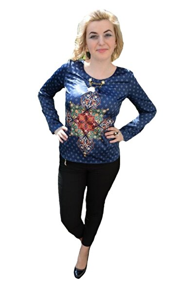 OEM Bluza de culoare bleumarin din material cu model si aspect satinat