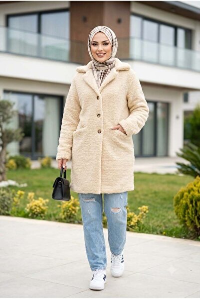 Hb Harma Time Butik Women's Lined Buttoned Double-Breasted Beige Plush Coat
