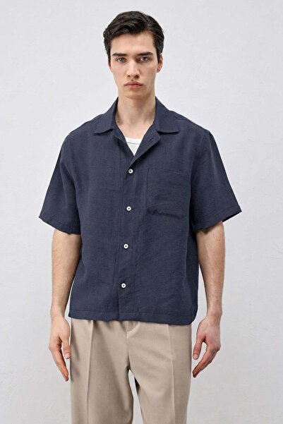 Antioch Navy Blue Lyocell Blend Short Sleeve Men's Shirt