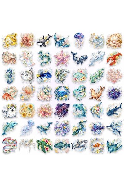 Choice 50PCS 50Pcs New Watercolor Marine Life Floral PET Stickers Jellyfish F...