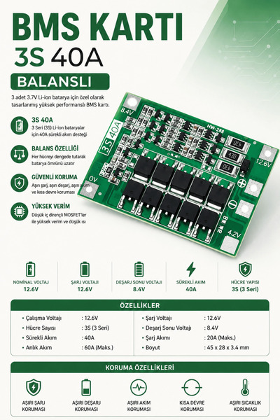 RoboPazar 3S 40A 12.6V 18650 Balanslı Pil Şarj Koruma Modülü
