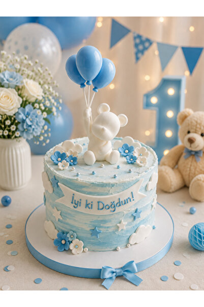 Printech3d Balonlu Ayıcık Pasta Süsü – Erkek Bebek Doğum Günü Cake Topper