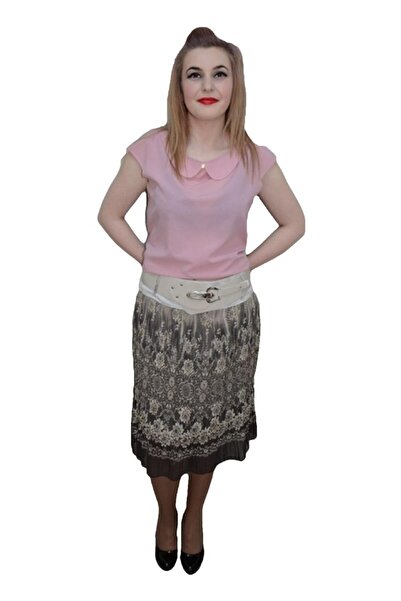 OEM Fusta eleganta din voal cu model plisat si imprimeu floral maro