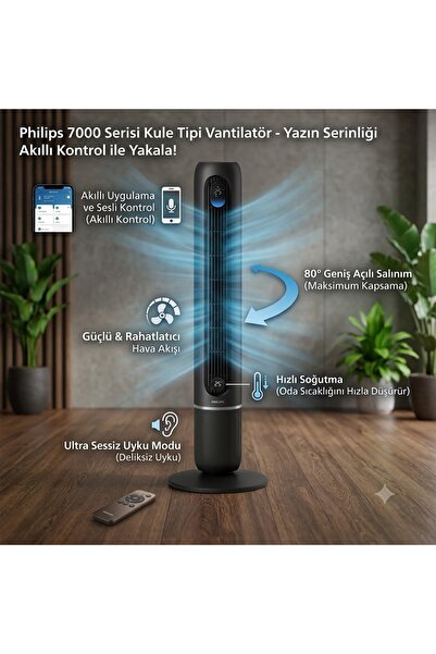 Philips 7000 Serisi Kule Tipi Vantilatör 12 Kademeli Ultra Sessiz Uzaktan Kum...