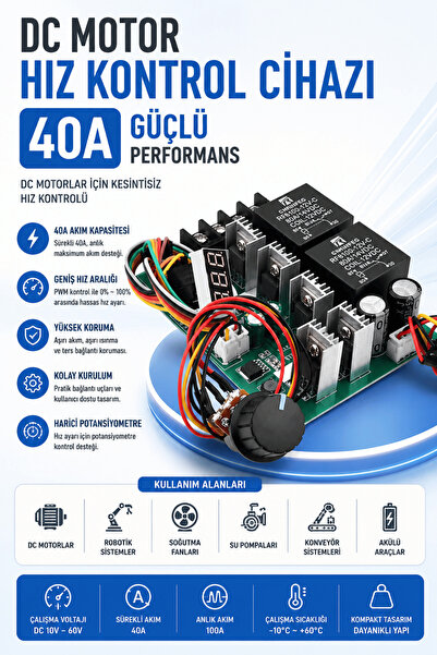 RoboPazar 40A DC Motor Hız Kontrol Modülü – PWM Motor Devir Ayarlayıcı 12V-48V