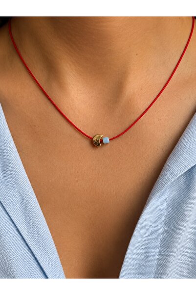 Femenino Kırmızı İp Ay Figürlü Mavi Boncuklu Kaydırmalı Kilit Örgü Choker Kolye