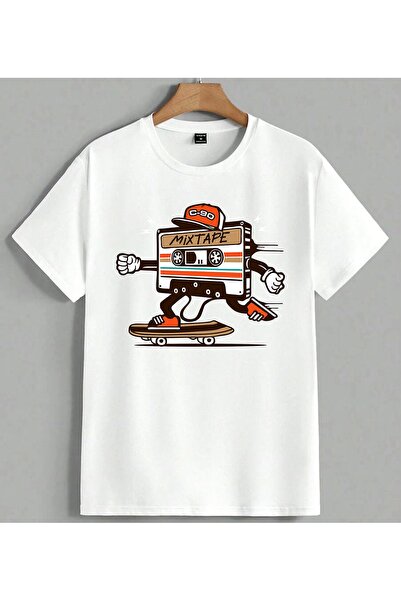 ELFERA Mixtape Kaset Skateboard Printed Unisex Oversize T-Shirt White