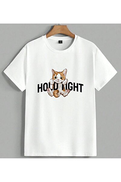 ELFERA Μπλουζάκι Unisex Oversize με στάμπα Hold Tight Kedi Illustration, Λευκό