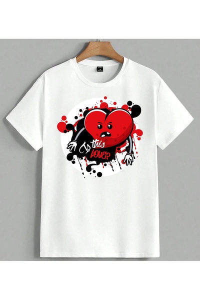 ELFERA تي شيرت أبيض كبير الحجم للجنسين مطبوع عليه Is This Love Kizgin Heart