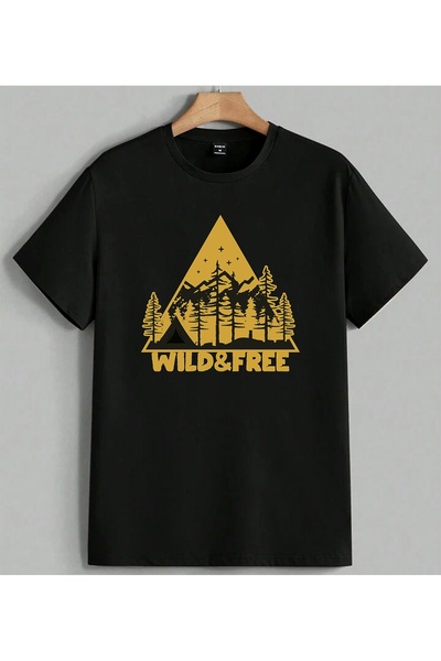 ELFERA Wild Free Orman Kamp Doga Sari Printed Unisex Oversize T-Shirt Black