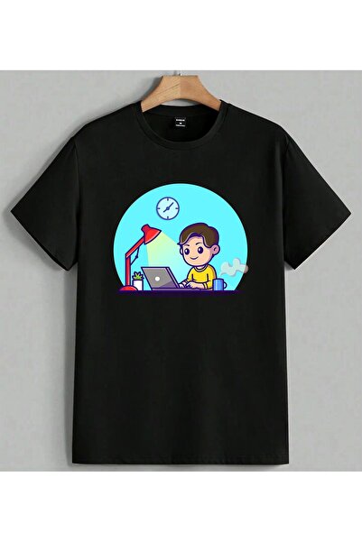 ELFERA Calisan Sari Laptop Saat Ofis Τυπωμένο Unisex Oversize T-Shirt Μαύρο