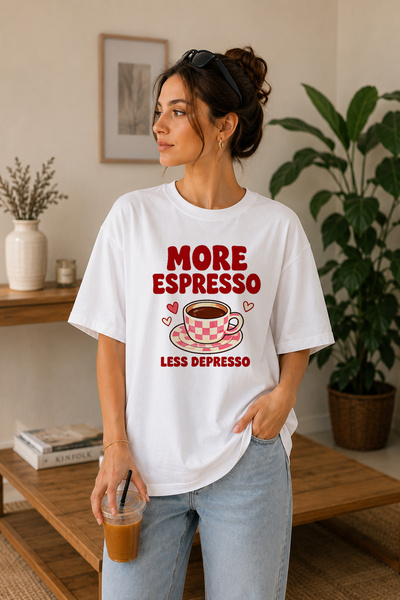 BAGAND تي شيرت فاخر مطبوع عليه "More Espresso Less Depresso" كبير الحجم للجنس...
