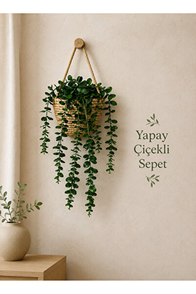 ÖRGÜM Okaliptuslu Mini Sepet Dekoratif Sepet AHŞAP ASKI DAHİL DEĞİLDİR