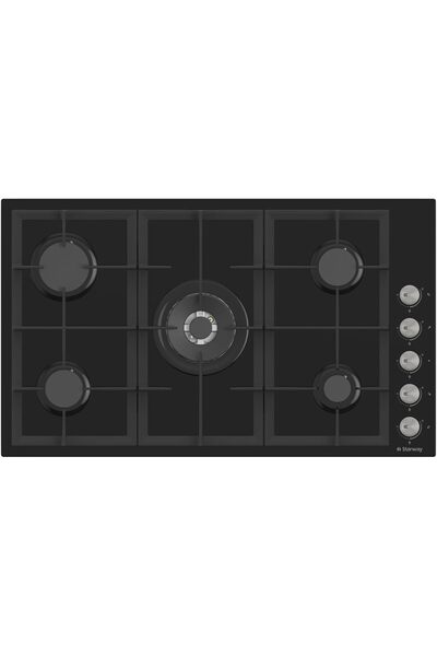 starway Black Built-In Glass 5-Burner Cooktop, 87x52cm, Total Safety, Auto Bu...