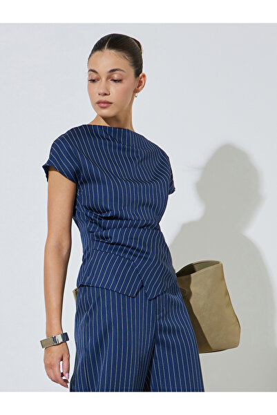 Styli Navy Blue Pinstripe Asymmetric Hem Top
