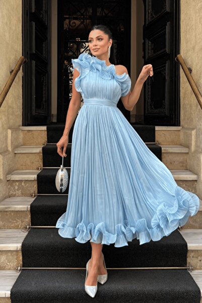 ADAMODA.RO Elegant creponed satin dress with ruffle detail