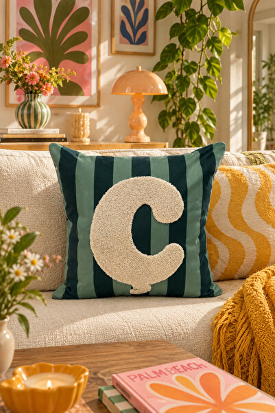 Pilloveland Punch Embroidered Throw Pillow Cover - 43*43 cm - Green Letter C ...