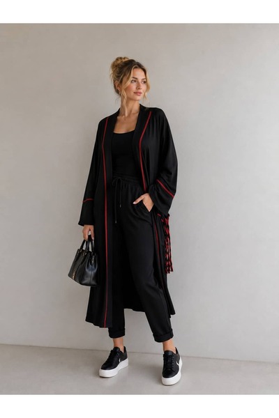 Zems Kırmızı Biyeli Cepli Siyah Kimono