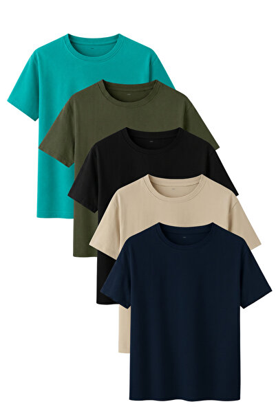 noetr Men's 5-Pack Cotton Basic T-Shirt Green Khaki Black Stone Navy Blue