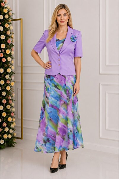 OEM Costum elegant din voal, de culoare mov, fusta lunga si sacou