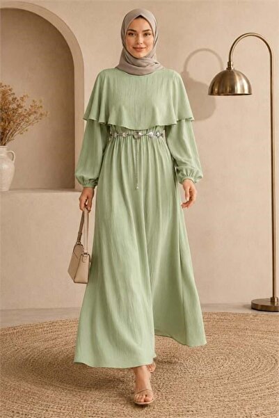 Dipmoda Women's Green Waist Chain Belt Cape Detailed Premium Hijab Dress Dpel...