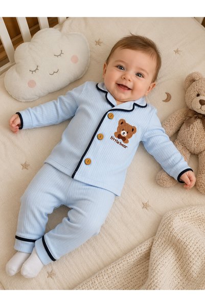 MOVAMIR BABY Baby Boy Teddy Bear Embroidered 2-Piece Pajama Set Blue 100% Cotton