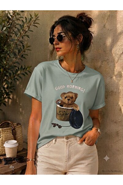 3S MODA تي شيرت نسائي أساسي مطبوع رقميًا عليه عبارة Good Morning Teddy Bear