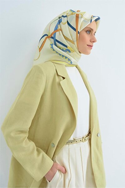 Armine Twill Silk Scarf Cream Yellow Blue